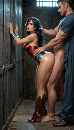 reiq style, wonder woman, doggystyle, fucked by superman, side view, standing doggystyle, sad, big butt, torn clothes, hair pulling, good lighting, Prison, full body view, <lora:detailed_notrigger:2>, <lora:add-detail-xl:.8>, <lora:LCMTurboMix_Euler_A_fix:.8>