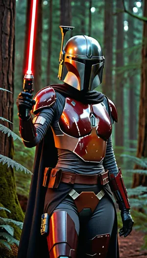 A female mandalorian, sleek revealing black armor with red details, bare skin, forest planet with space ship in the back round, wielding a red lightsaber, d&d, fantasy, highly detailed, digital painting, artstation, sharp focus, fantasy art, illustration, 8k, in the style of greg rutkowski. It's an absolute world-class masterpiece artwork. It's an aesthetically pleasing artwork with impeccable attention to detail and impressive composition.
