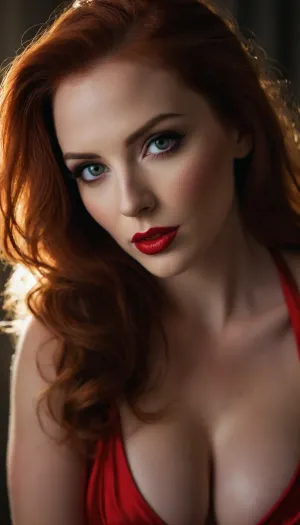 ZipRealism

An intimate portrait of beautiful young woman with long vibrant auburn hair falling in loose waves over her shoulders, dressed as a Jessica Rabbit wearing her deep cut red dress, with heavy smoky makeup and eyeshadowg.

She is smiling sensually, and her expression is seductive. The background is a light gray wall with subtle vertical stripes., close-up, (smooth skin, flawless porcelain skin), (beautiful hair, voluminous hair, luxurious hair, vivid red hair and lips), (huge breasts, deep cleavage), (seduction, sensual:1.4), (dramatic lighting, split lighting, focus on eyes, shallow depth of field, analog lens:1.6), High-resolution, hyperrealistic, detailed, 8k, 4k, uhd, cinematic, portrait, realistic, <lora:add-detail-xl:.4>, Stable-Yogis-Makeup-Enhancer-XL