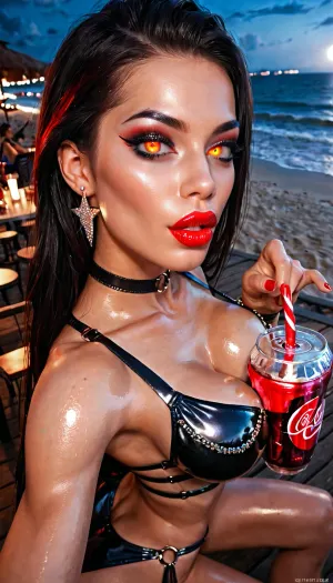 (glamore Masterpiece), bimbo girl, skinny, demonic, shiny skin, cat eyes, red lipstick, black makeup, sensual, bright outfit, breast, night, beach, cafe, drinks Coca-Cola, (dynamic pose:1.3), ass, from above, (Close-up)