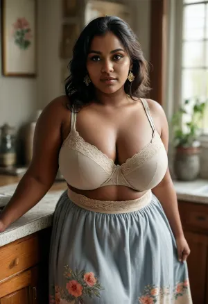 full body shot, 50mm lens, slight high angle, natural perspective, big hips, cleavage, huge boobs, pantyhose, thick body, ((bbw:1.4)), downblouse view, realistic Indian woman in her late 30s with deep brown skin, South Indian facial features, fuller lips, expressive almond eyes, bindhi, natural thick body, soft round belly, pudgy midsection, wide hips, heavy breasts, beautiful floral patterned lace trim bra, visible nipple contour through bra, pleated linen long skirt with waistband below navel, realistic fabric texture, fine stitching, heavy gold jewelry, natural lighting, lifelike skin texture, 1970s kitchen, leaning slightly forward at the counter, slate grey, soft blue shadows, cool whites, muted sunlight, film-like desaturation, photo realism, high detail, clean anatomy, <lora:clothed_small:.8>, <lora:Chubby BBW - XL:1.4>, <lora:MJ52:.8>, <lora:RealDownblouseXL2:.6>