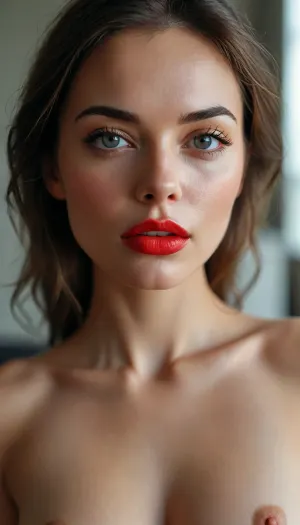 RAW image, Canon EOS R3, DSLR photo, 8k, best quality, (realistic, photo-realistic:1), (8k, RAW photo, best quality, (intricate details), masterpiece, slender, beautiful girl 40 years old proportional, perfect figure, superstar face, gray eyes, large eyes, thin eyebrows, triangular tall face, sharp cheekbones, large mouth, full lips, bright evening makeup, scarlet lips
long brown hair, perfect hair.
eye contact, daring, sexy gaze
Nude
slender neck, narrow shoulders, ((beautiful medium breasts)), narrow waist, narrow hips, long, slender legs, posing standing in a bedroom, daylight), Close-Up, <lora:MJ52:.8>