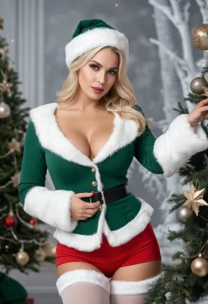 A sultry young female Miss Santa Claus, clad in a crimson suit with a scandalously tight white thin fur edged extremely short skirt, with a black Santa belt, wearing white stockings, with black high black boots, flaunts her toned physique, with very large breasts in a revealing low top, and blonde pigtails under her Santa hat, as she strolls through a winter wonderland Christmas village, turning round and bending over to pick up a snowball, showing a lot of her white panties, surrounded by towering snow-covered trees aglow with twinkling lights and festive decorations, her eyes gleaming with a seductive twinkle, who proudly displays her feminine charm and authority, amidst the magical and enchanting atmosphere of the holiday season., with snowmen. She is accompanied by two 25 year old sexy elves in classic green elf attire.