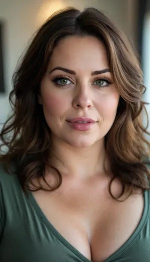 Obese, bbw, miquella from elden ring, female housewife, busty, 40 y.o., minimalist modern home background, casual housewife outfit, tall, brunette amber hair, elegant hairstyle, beautiful eyes, look at me, sexy lips, smile, big, sagging, busty cleavage with a natural mature drop, alluring yet dangerous, close up view, sapphic glamour, look at my eyes, dramatic lighting., <lora:style_lora_realis:.8>