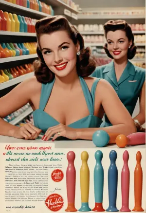 1950's shopping catalog full-page color ad, newsprint, ad copy with Cursive headlines, featuring a photo of row of colorful dildos on display at a department store counter, prim 1950's housewives compare products, big smiles.