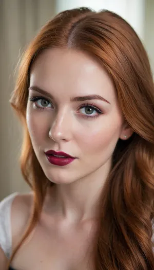 ziprealism, (24yo, intimate sensual esthetic, unconventional framing, Dutch Angle:1.2), (shy hopeful eye contact, soft giggle, bashful self-conscious pose, hand playing in hair:1.6), (f/2.8, shallow depth of field, subtle bokeh), (closeup, high angle view, view from side, shot in profile, focus on eyes:1.8), (satiny rich aubrun-ginger hair with dark roots, straightened long hair, luxurious hair obscuring face, dark full eyebrows:1.4), (athletic body, sexy shelf top corset:1.4), (full lips, soft pillowy lips, moist lips, vibrant red lipstick:1.2), (natural skin texture, porcelain skin, long thick eyelashes, delicate innocent facial features, large expressive doe eyes, slightly downturned eyes:1.2), (cozy bedroom), (natural breasts, soft breasts, slender waist), (strong defined jawline, large expressive eyes, catchlights), Stable-Yogis-Makeup-Enhancer-XL