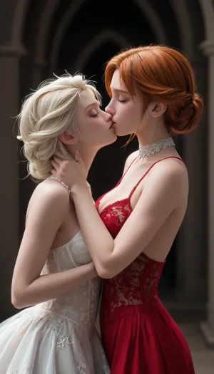 Anna and Elsa from the movie Frozen, Elsa standing behind Anna, Anna standing in front of Elsa, lesbian, perfect bodies, perfect hands, erotic black and white lace lingerie, beautiful breasts, Elsa holding Anna breasts in both hands, messy wild updo hairstyle, closed eyes, Elsa gently kissing neck from behind, ((neck kissing)), gently caressing flawless breasts, glossy red fingernails, side view, best quality, masterpiece