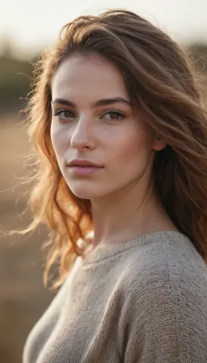 (portrait, 3/4 view), young female adult with northern European and Northern African heritage, natural skin texture, subtle and natural facial expression, (no excessive makeup), (no plastic-like skin), realistic skin tones, balanced lighting, soft shadows, detailed eyes, slightly tousled hair, subtle beauty, (rich in details, no luxury model look), minimalistic background, warm tones, professional but natural atmosphere, natural lighting, (natural freckles or skin imperfections:.6), casual but elegant pose, slightly relaxed demeanor, clear yet soft focus, soft textures