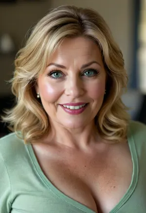 Obese, chubby, married, mature, female housewife, busty, 65 y.o., minimalist modern home background, casual comfortable outfit, tall, blonde amber hair, layered haircut hairstyle, thick expressive arched eyebrows, beautiful eyes, captivating bright light green eyes, look at me, sexy full lips, big smile, big, sagging, busty cleavage with a natural mature drop, alluring yet dangerous, close up view, sapphic, look at my eyes, dramatic lighting., <lora:style_lora_realis:.8>