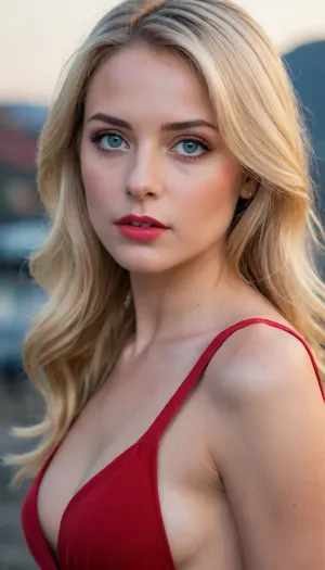 Sexy women, 25 years old, bkue eyes, blond hair, red dress