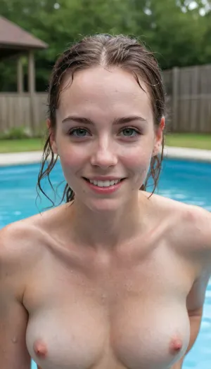 ziprealism, (40yo milf, hot wife, girl next door allure, playful candid snapshot esthetic:1.6), (embarrassed shy eye contact, soft cheesy grin, bashful pose, exasperated:1.8), (f/2.8, shallow depth of field, subtle bokeh), (medium full shot:1.4), (vibrant ginger hair with dark roots, long hair, frizzy hair, dark full eyebrows:1.4), (fitness model, athletic body, muscular body, bikini body:1.4), (full lips, soft lips), (natural skin texture, porcelain skin, long delicate eyelashes, adorable overbite with buckteeth, freckles, cute dimples, large expressive doe eyes, slightly downturned eyes), (backyard pool, wet hair, wet skin, wet face, soaking wet, drenched:2), (pale natural breasts, slim waist:2), Stable-Yogis-Makeup-Enhancer-XL