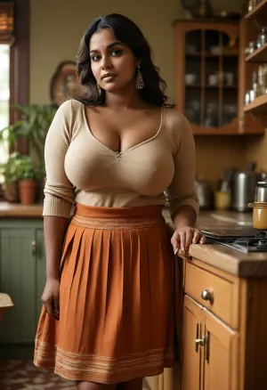 big ass, big hips, cleavage, huge boobs, pantyhose, thick body, ((bbw:1.4)), downblouse view, realistic Indian woman in her late 30s with deep brown skin, South Indian facial features, fuller lips, expressive almond eyes, bindhi, natural thick body, soft rounded belly, wide hips, heavy breasts, soft nipples under her top, natural sag and weight but fully covered, subtle outline from soft fabric, modern Indo-western outfit, ribbed knit top with subtle fabric tension, soft lightweight sweater material, natural drape, embroidered edge details, pleated linen skirt with structured waistband, warm earthy tones, realistic fabric texture, fine stitching, brass jewelry, natural lighting, lifelike skin texture, 1970s kitchen, leaning slightly forward at the counter, warm color palette, photo realism, high detail, clean anatomy, <lora:clothed_small:.8>, <lora:Chubby BBW - XL:1.4>, <lora:MJ52:.8>, <lora:RealDownblouseXL2:.6>