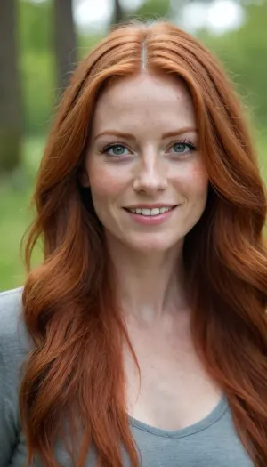 45 years old, very nice, looking into camera, sweet smile, upper body view, very long red hair, freckles, bright symetric perfect eyes