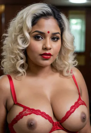 South Indian Mature, ((very curvy BBW)), BBW housewife in sexy lingerie, sensual red lips, platinum blonde perm, posing in front of the camera, full screen