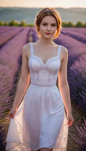 masterpiece, best quality, good quality, very aesthetic, absurdres, newest, 8K, depth of field, bokeh, prinz eugen, (azur lane), twin tails, amber eyes, black eyeliner, peaceful smile, white linen dress, walking through endless purple lavender field, provence sunset, golden hour, warm orange-purple sky, ultra detailed flowers, detailed dress