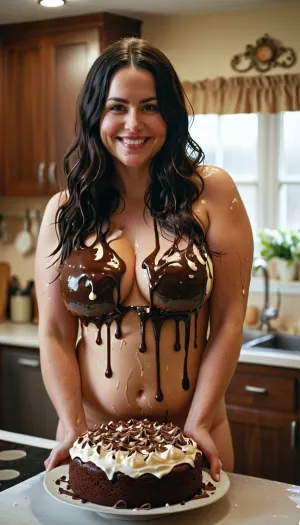 FULL BODY PHOTO, best quality, very high quality, 8K, ULTRA REALISTIC, HD, CINEMATIC IMAGE, Chubby woman, 35 years old, pale white skin, long black hair, waist-length hair, completely naked, in the kitchen, messy kitchen, she is covered in whipped cream and chocolate syrup, finishing decorating the cake, with medium breasts, shaved vagina, smiling, hair combed, holding a large chocolate cake in her hands., <lora:MJ52:.8>, <lora:hair-over-face-01-000007:1>, <lora:SDXLHighDetail_v6-000005:1.1>