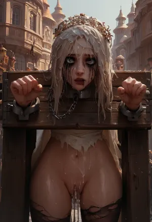 A Russian beauty in a traditional Russian costume, her costume torn, but her traditional headdress on, a filigree of bright, saturated colors. Super clear, (town square), (shackled to stocks and pillory:1.3), (ruined makeup, wet skin, wet hair), cum on pussy, cum on face, cum on ass, torn black pantyhose, stiletto spike heel boots, corset, (gangbang, deep throat, anal), Endless_Up_SDXL_Neg, GenNeg-XL, SDXL_POS