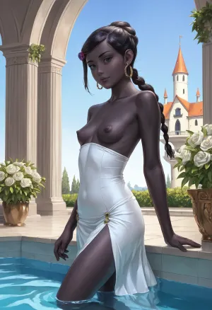 masterpiece, best quality, braided ponytail, photorealistic, 17th century lady, (young woman), (very beautiful), (small natural saggy breasts), deep black skin, curvaceous, Victorian era strapless hoopdress, heaving breasts, exposed breasts, swimming in the pool of a garden of castle, arched back, raised leg, NEGATIVE_HANDS, hoopdress, (/Ben10), /, (ultra, HD, quality, details), (green, eyes), <lora:bab4d033-acad-4a4e-b6fa-5dda2bad3471.TA_trained:1.7>, <lora:crowd_notrigger:.2>