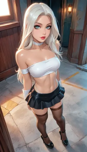 (reiq style), front view, (white tube-top), (25 years old), (overhead view), (white long hair), white choker, black platform high-heels, full body shot, expression, cinematic lighting, eyes wide, perfect skin, pale skin, sweaty skin, perfect tits, pretty face, (makeup:1.4), (black stockings), (athletic skin body:1.4), (white g-strings:1.3), (black latex micro skirt), Melkor Mancin artstyle, (score_7_up, score_8_up, score_9, 1girl, solo, masterpiece), <lora:cartoon_stickers_xl_v1:.8>, <lora:ratatatat74-000050:1.3>, <lora:attractive_notrigger:.8>