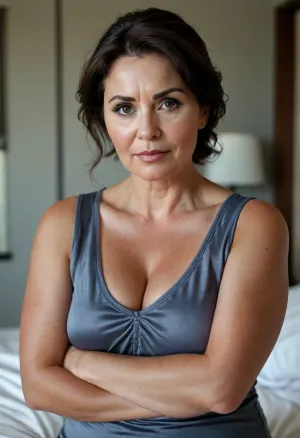 Macedonian, Sagging, ultra realistic, bbw milf wearing a v-neck sleeveless shirt standing in a modern bedroom, 50yo, milf, dark hair, bbw, round face, open mouth, looking at viewer, flirting, light eyes, (expressive eyes, striking eyes, captivating eyes, mesmerizing eyes), (detailed skin texture, skin imperfections), (age-appropriate skin condition, wrinkles, wrinkled skin, wrinkled face:.5), fabric impression, subtle contour, faint outline, satin texture, raised detail, clothing silhouette, soft material tension, gentle fabric pressure, natural body shape, realistic fabric behavior, <lora:style_lora_realis:.8>