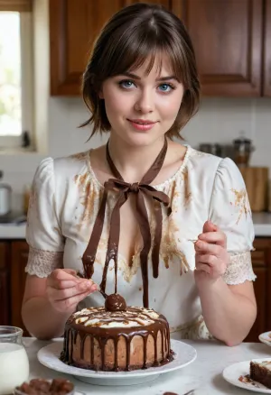 Realistic style, realistic facial features, single 20-year-old woman, straight brown hair, ice-blue eyes, short haircut with fringe, white tight-fitting semi-open blouse, gold embroidery. In a kitchen, chubby figure, plump, overweight, large bust, tight clothing, large table with cakes and pies, glass of milk, table covered in cake crumbs and milk, blouse splattered with chocolate sauce and cream, face splattered with chocolate sauce and cream, mouth splattered with chocolate sauce and cream. Hands splattered with chocolate sauce and cream. She is a piece of cake., <lora:Chubby BBW - XL:.7>