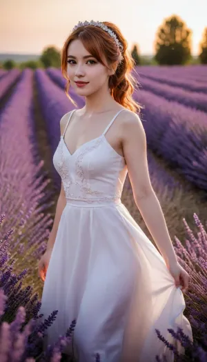 masterpiece, best quality, good quality, very aesthetic, absurdres, newest, 8K, depth of field, bokeh, prinz eugen, (azur lane), twin tails, amber eyes, black eyeliner, peaceful smile, white linen dress, walking through endless purple lavender field, provence sunset, golden hour, warm orange-purple sky, ultra detailed flowers, detailed dress