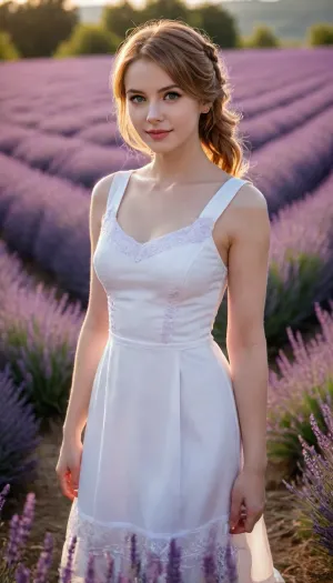 masterpiece, best quality, good quality, very aesthetic, absurdres, newest, 8K, depth of field, bokeh, prinz eugen, (azur lane), twin tails, amber eyes, black eyeliner, peaceful smile, white linen dress, walking through endless purple lavender field, provence sunset, golden hour, warm orange-purple sky, ultra detailed flowers, detailed dress, <lora:add-detail-xl:.8>