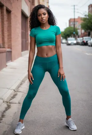 A latina woman, skinny body, in street, (black skin:1.3), (dark skin:1), small boobs, (used short t-shirt color emerald green and rip leggings color blue), Photo realistic, details skin, slim face, on she knees