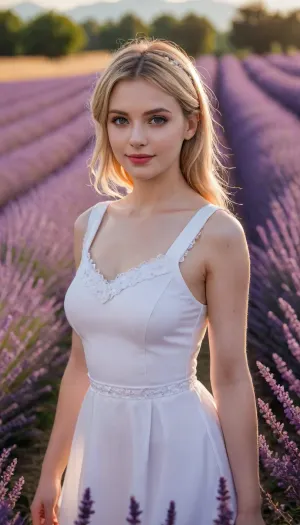 masterpiece, best quality, good quality, very aesthetic, absurdres, newest, 8K, depth of field, bokeh, prinz eugen, (azur lane), twin tails, amber eyes, black eyeliner, peaceful smile, white linen dress, walking through endless purple lavender field, provence sunset, golden hour, warm orange-purple sky, ultra detailed flowers, detailed dress, <lora:add-detail-xl:.8>