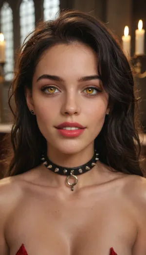 an insanely beautiful succubus with flowing black hair and gold eyes, red bat wings, red skin, playfully sticking her pointy snake tongue out, totally naked, perfect boobs, (highly detailed face, (ultra-detailed face)), (realistic mouth, realistic teeth, detailed hair, detail irises), detailed face, beautiful eyes, highly detailed face, detailed eyes, (detailed smooth skin), (lean abs:1.3), (red glow:1.2), (black-haired, (black curls:1):1.4), (black curls:1.3), (round breasts:.8), perfect body, beautiful, pronounced feminine facial features, perfect ass, perfect teeth, perfect eyes, matching eyes, very detailed iris, long eyelashes, big realistic lips, full lips, alluring smile, perfect mouth, detailed hairstyle, healthy hair, bright hair, very long hair perfect lively eyes, bright eyes, penetrating gaze, waist métal chain, spiked collar, Blurred Background is a demonic temple with pentacles, demonic statues, multiple candles and chains., supermodel, face, big, lips, <lora:Beautify-Supermodel-SDXL:1.7>