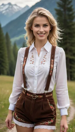 A blonde smiling woman in traditional German Bavarian attire, (((completely opened white blouse))), and brown suede lederhosen shorts with embroidered details and suspenders. The suspenders have decorative embroidery and metal buckles.

Realistic, potentially with a slightly dreamy or painterly effect
Lighting, Bright, even lighting that highlights the textures and details of the clothing, Mood, Cheerful, festive, and inviting

Walking in the alps, sunshine, mountains, Adjust the perspective or camera angle for a more dynamic composition.
Include more specific details about the woman's facial features or hair style to personalize the image.
