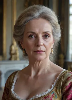 ultra-realistic, 8K HD, thin 60-years old woman, detailed face, detailed hair, in Versailles Castle