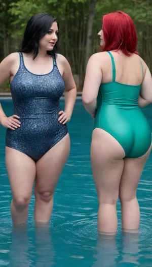 (Side View, Photo of two different emo women besties, kinda very curvy, mature, adult, emo, women:1.5), (((round breasts))), (good hips, bubble butt), ((swimsuit, bodycon:1.9)), close body Portrait Photo, (((stands waist-deep in water in a pool:1.8))), at night, LED Pool light, strands of hair hang down onto the face, hair pinned back at the back of the head, sexy pose, openly flirting, submissive, horny, joyfull, wet skin Details, glistening Drops, realistic, very shiny, ultra detailed, fixl-art, b1k3t4rd, tight, {long, sleeve, sleeveless, short, sleeve}, braless, Wearing, clothes, that, make, sense, with, Braless>, detailxl, <lora:Biketard V3 xl_epoch_7:1.1>, <lora:bralessSDXL_v1_00022:1.3>