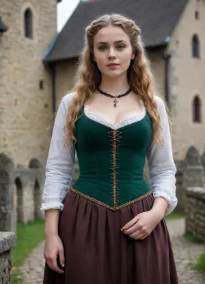 30-year-old full-figured German woman in simple historical gothic dress with long light hair, very curly thick rich hair, with loose unkempt tousled hair, whole body view, inexpressive face, shy look into the lens, green eyes, narrow face, slim austere face, sunken cheeks, pointed chin, small nose, very narrow lips, thin light eyebrows, wooden beads around neck, very pale complexion, white skin, no makeup on face, full figure, small breasts, wide hips, hairy pussy, standing on a medieval castle, full body view