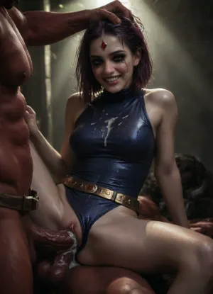 realistic masterpiece, 8K UHD, maximum quality, maximum details, maximum realism, score 9, score 8 up, score 7 up, large penis, crimson penis muscular red demon, erect penis, (veiny penis:1.1), (bulbous penis tip:1.4), (DC comics Raven), (pale Grey skin female:1.44), medium breasts, (wet purple hair:1.4), (bobcut hair), (ruined makeup:1.52), hand on head, pulling hair, (forehead jewel), slim body, (sleeveless navy blue linen leotard, high waisted leotard, brass belt with ruby inlays, loose belt), detailed vagina, (red muscular demon monster:1.4), ((vaginal penetration)), Endless_Up_SDXL_Neg, raven, cum puddle, lumpy cum, sticky cum, flowing cum, cum string, cum thread, cum webs, cum, penis drip cum, (excessive cum:1.6), cum on cheeks, cum on forehead, cum in hair, cum in nose, cum on lips, cum on chin, cum on neck, cum flowing face, cum on pussy, cum on thighs, cun on legs, cum on chest, cum on stomach, cum on leotard, wet cum, (cum on face:1.6), (ambient light glow:1.42), warm lighting, sleek lighting, smooth blends, professional shading, (hyperrealistic:1.3), detailed shadows, intricate shadows, ((sweaty skin, moist skin, wet hair, wet skin)), (happy grin:1.26), (blushing:1.3), (furrowed eyebrow:1.3), <lora:dark:.4>, <lora:Raven_XL:2>, <lora:JustCum:2>, (squinting:1.44), ((looking up, holding testicles))