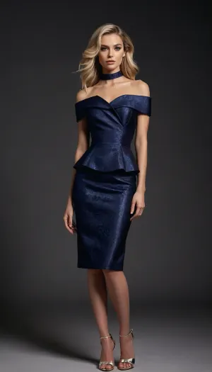 full view including heels, 1girl is a tall, athletic, glam, sophisticated, 45yo blonde lady, voluminous, perfectly blown-out blonde hair with lustrous shine, smooth texture, and dramatic face-framing waves. Hyper-polished glam makeup, airbrushed glass-like complexion with intense highlight and sculpted contour, high-drama lashes, bold winged eyeliner, metallic rose-gold and champagne eyeshadow with radiant shimmer, precision-shaped brows, and full glossy lips in a vibrant pink sheen. High-fashion, red-carpet, luxury beauty aesthetic with ultra-sharp detail, 1girl wearing A sophisticated couture-style navy midi dress with a sculptural off-the-shoulder portrait neckline, elegantly folded into an architectural collar. Three-quarter fitted sleeves. Tailored bodice with a precise waist seam and an asymmetric structured peplum panel. Deep navy jacquard fabric featuring raised floral patterns woven in a slightly brighter blue thread, giving a textured, satin-sheen relief effect. Pencil-cut skirt falling to mid-calf, with floral motifs becoming denser toward the hem. Luxurious, high-end material, clean lines, refined silhouette, modern and polished design. 1girl wearing luxury women’s metallic heeled sandals with a slim stiletto heel, elegant minimal strap design, open toe, high-shine silver finish with clean reflective surfaces. Delicate ankle strap with a small buckle, refined modern silhouette, premium evening footwear. Photorealistic product display, soft studio lighting, high-resolution fashion accessory photography, crisp edges, perfect reflections, smooth metallic texture