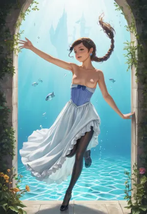 masterpiece, best quality, braided ponytail, photorealistic, 17th century lady, (young woman), (very beautiful), (small natural saggy breasts), deep black skin, curvaceous, Victorian era strapless hoopdress, heaving breasts, exposed breasts, underwater, swimming in the pool of a garden of castle, arched back, raised leg, NEGATIVE_HANDS, hoopdress, (/Ben10), /, (ultra, HD, quality, details), (green, eyes), <lora:bab4d033-acad-4a4e-b6fa-5dda2bad3471.TA_trained:1.7>, <lora:crowd_notrigger:.2>