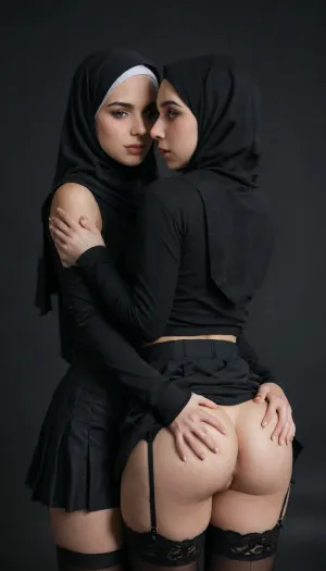 black background, ass grab, anal fisting, style-hijab, 2 beautiful goth girls, skirt, yuri, hand deep in ass, sleeves, perfect pussy, rounded ass, blush, bow, garter belt with stockings, skirt lift, leather skirt, tank top, ass Gap from behind, standing, detailed, eyes, perfect skin, texture, photorealistic, <lora:Super_Eye_Detailer_By_Stable_Yogi_SDPD0:1.4>
