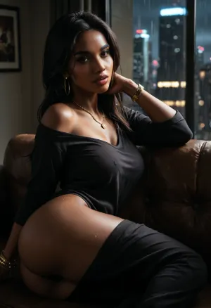 Upper body shot, Masterpiece, Ultra detailed, High res, High resolution, 1girl, solo, (African-American woman), (black woman), with perfect feet, beautiful face, (round shaped face:1.4), (round face), 35 year-old black milf, perfect skin, smooth skin, long black hair, long hair, (perfectly straight hair:1.4), hair down, large red lips, (full lips), (full cheeks), (defined jawline:1.2), perfectly manicured pink fingernails, beautiful, (dark brown eyes), thin arched eyebrows, detailed eyes, detailed hair, detailed lips, gold hoop earrings, gold necklace, gold watch, gold bangles bracelet, (Large DD-cup naturally Perky breasts), (large round ass:1.2), (wide hips), (thick thighs:1.2), (Fully clothed:1.6), (grey sweatpants), (loose dark grey sweatpants), (sweat pants), a loose mid-sleeve black button down linen shirt that is slightly transparent, semi-transparent black shirt, black laced bra, barefoot, Relaxing on a large sectional sofa, laying on her side on comfortable sofa, Modern high-rise apartment interior, New York City skyscraper, nighttime city skyline outside, rain streaking down large windows, deep night darkness beyond the glass, (lights mostly off), low-key moody atmosphere, cinematic style, cool lighting, medium contrast, subtle rim lighting, cool television glow as the primary light source, realistic shadows, cool color grade, filmic lighting, dark, chiaroscuro, low-key, <lora:zavy-cntrst-sdxl:.3>, <lora:dark:.1>