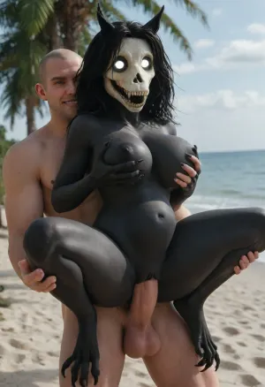 ((scp-1471 from scp, glowing eyes, black body:1.2)), 5 fingers, anthro, anthrofied, beach, Big thighs, wide hips, (), claws, female, finger claws, fingers, ((smug face, carry sex, male love, faceless male, stomach bulge, male holding breasts)), looking at viewer, <lora:add-detail-xl:1.5>