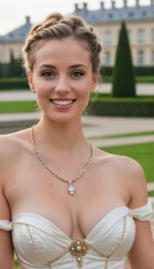 (((Closeup portrait))), photo of, 2women, german woman, gorgeous 30 yr old mature, light brown blonde hair, (hair in braided updo), snuggling up to camera, on a date outdoors in the gardens of versailles palace, smiling, (detailed face), beautiful eyes, (((big cleavage))), (horny look), slim, skinny, (((wearing sexy off white satin rococo ball gown))), ((and a little smile please)), detailed skin, pores, moles, (((Looking at the camera smiling))), Masterpiece photo 8K UHD, (((jewelry))), ballgown, wearing, a, 18th century, corset