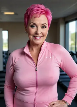 68 year old woman, (((bbw))), Cleavage, smiling, (), pixie cut, (((wrinkles))), tattoo, pink hair, piercings, (((bum)), ((track suit)))