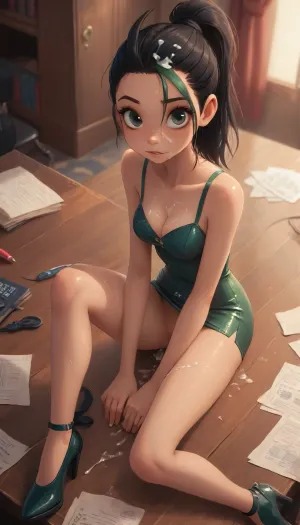 (Jack cayless art style), nemona from pokemon, 1 woman, 30yo, very petite, very tight, (Insanely hot very skinny red hair secretary in office sitting at a desk), (huge silicone boobs), black bun hairdo, (she is submissive, looking at viewer eye contact), (jewelry), (very sexy green latex dress), torn tights, (cleavage, tits out, visible naked tits), (cum on her whole face, cum on cleavage, cum on clothes, view from distance, view from above, whole body in view), naked tits, (detailed extremely high heel shoes), shaved pussy, upskirt, bottomless, (view from side, cum on legs, cum on her hair, cum on her face, precum string), skin imperfections, BadX, <lora:add-detail-xl:2>, <lora:princess_xl_v2:.8>, <lora:DetailedEyes_V3:2>, <lora:Animated_Concept:.9>