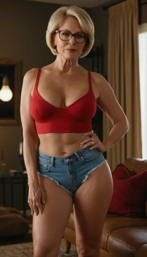 Beautiful 60 year old MILF with glasses, short blonde hair, bob hairstyle, dressed like a sexy cowgirl jean shorts and skin tight red crop top, hour glass fiure, bubble butt, medium sized breasts, sexy photoshoot, teasing the camera with her body, she is Ina modern living room