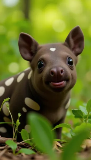 (Close-up), of a, (mini tapir), (young tapir, tapir calf), (dark brown fur with creamy white spots), on its body and face, (large dark eyes), (perked ears), (small snout), in a, (natural jungle environment), (bokeh background), (soft natural lighting, diffused sunlight), (vibrant green foliage), (shallow depth of field), (photorealistic, highly detailed, sharp focus, hyperrealistic), wildlife photography, high resolution, 8k, professional photo, DSLR, Canon Eos R5, f/2.8, 200mm lens, studio lighting, award winning photograph, masterpiece.