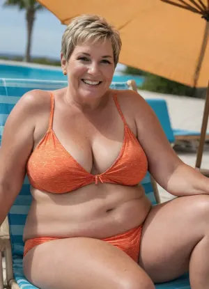 68 year old woman, (((bbw))), deck chair, swimsuit, bare legs, smiling, ((cleavage)), pixie cut, (((wrinkles))), (((tanned)))