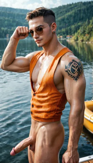 Skinny long man who is slimfit and tall with a low taper fade, cut very short at the top and is lined up, he has nice tattoos flexing his muscles in a boat on a lake wearing sunglasses and orange swimming vest showing his large erect uncut penis, Baiyangdian, Lake, <lora:xpenis-1.5e:2>, <lora:SDXLHighDetail_v6-000005:.8>, <lora:白洋淀:.8>