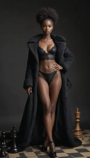 A black chess queen in a gorgeous fluffy outfit. a lithe, slender, long-legged model. Full-length on a chessboard, with a large chess piece between his legs, l0ngha1r, bellissima, 1girl, <lora:Long_hair_LoRA_for_SDXL_v2:2>, <lora:LesFemmesXL_v1.0:2>