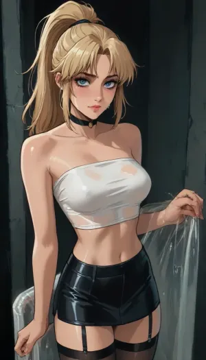 Score_9, score_8_up, score_7_up, reiq meets markgavatino art style, 22 year old, black stockings with garters, (garters:1.3), (makeup:1.3), black choker, leather micro skirt, (white wet transparent tube_top), ((woman, standing)), (seductive face:1.4), ((long_straight_blonde_hair in a high ponytail)), standing, looking up at you, (((teary eyes))), cute, ratatatat74, <lora:cutedoodle_XL-000012:.8>, <lora:ratatatat74-000050:.8>, <lora:NEOTOKIOXL_0.2_RC:.8>, <lora:outline_xl_kohaku_delta_spv5x:.8>