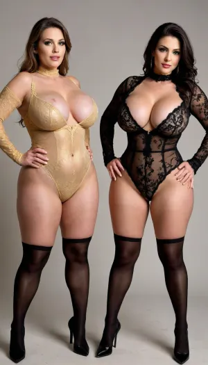 two women, perfect picture, full body view, perfect hands petfect arms perect legs, two 67 year old and 58 year old women with massive breasts in a royal gold bodysuits, black thigh high stockings, and black high heels. The bodysuits are lacy and transparent in a few places. The bottom was cut high on the hips and the front was solid until just above their belly button and was then rose up in a "V" shape just covering their tits before going up over their shoulders and behind the neck. Leaving most of their back exposed., large, breasts, big, boobs, huge, tits, <lora:bombshell_v2:2>